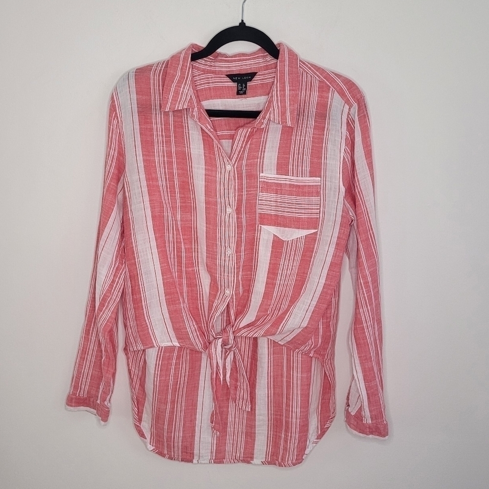 3/$30 New Look Soft Red & White Striped Cotton Tie-Front Shirt size 8